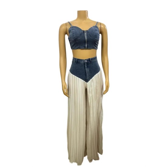 Women Fashion Sexy V-Neck Camisole Denim Chiffon Splicing Pleated Pants Two-Piece Set