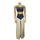 Women Fashion Sexy V-Neck Camisole Denim Chiffon Splicing Pleated Pants Two-Piece Set