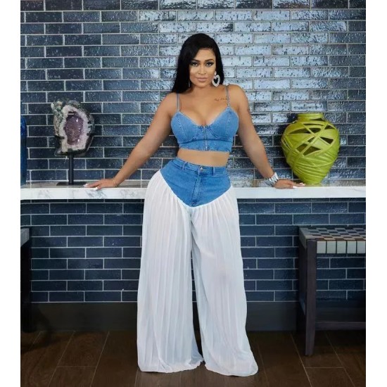 Women Fashion Sexy V-Neck Camisole Denim Chiffon Splicing Pleated Pants Two-Piece Set