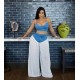 Women Fashion Sexy V-Neck Camisole Denim Chiffon Splicing Pleated Pants Two-Piece Set