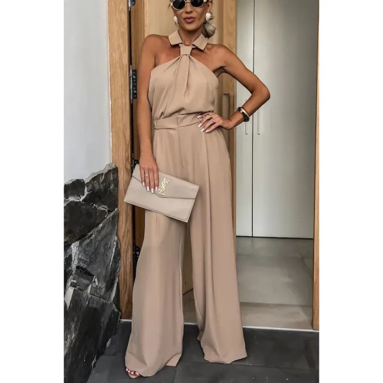 Summer Women Casual Sleeveless Halter Neck Solid Color Wide Leg Jumpsuits