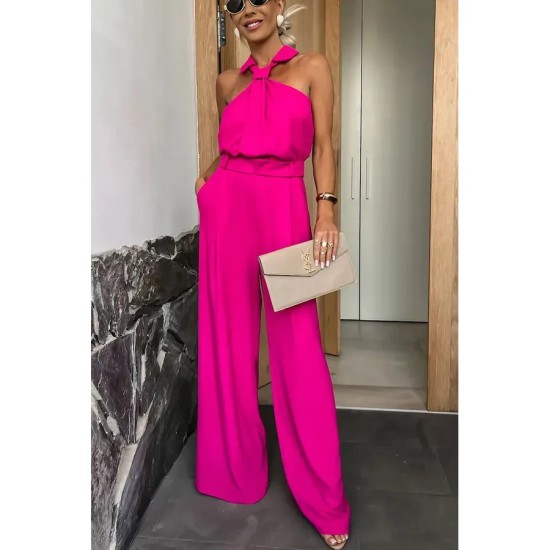 Summer Women Casual Sleeveless Halter Neck Solid Color Wide Leg Jumpsuits