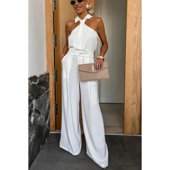 Summer Women Casual Sleeveless Halter Neck Solid Color Wide Leg Jumpsuits