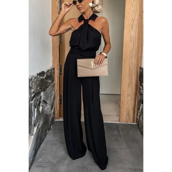 Summer Women Casual Sleeveless Halter Neck Solid Color Wide Leg Jumpsuits