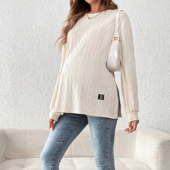 Pregnant Women Fashion Casual Solid Color Textured Crewneck Long Sleeve Split Top