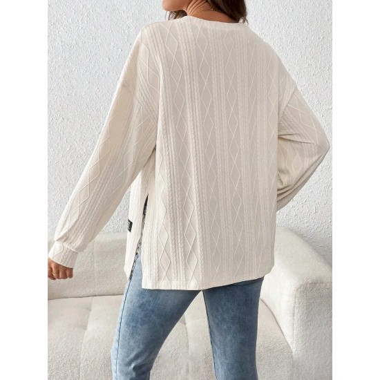 Pregnant Women Fashion Casual Solid Color Textured Crewneck Long Sleeve Split Top