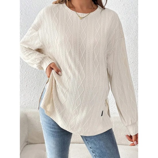 Pregnant Women Fashion Casual Solid Color Textured Crewneck Long Sleeve Split Top