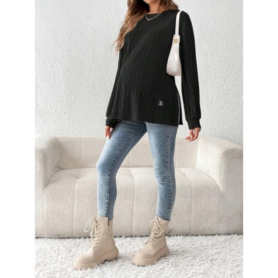 Pregnant Women Fashion Casual Solid Color Textured Crewneck Long Sleeve Split Top