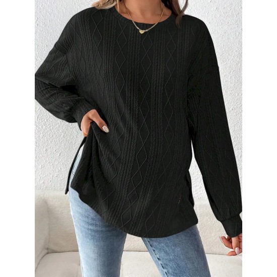 Pregnant Women Fashion Casual Solid Color Textured Crewneck Long Sleeve Split Top