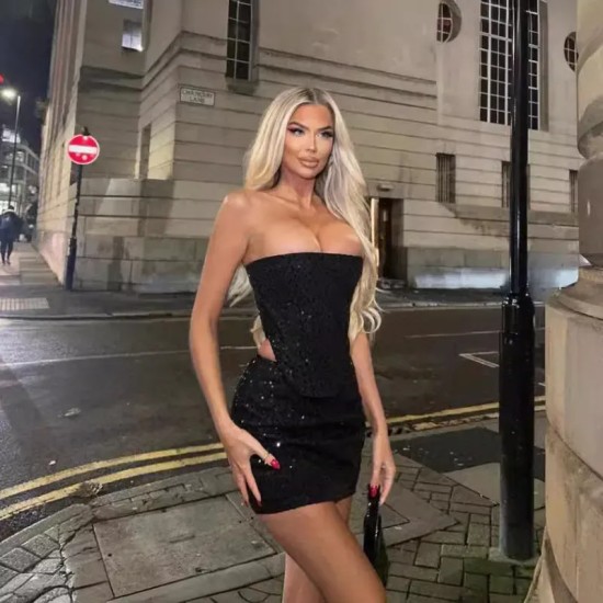 Women Fashion Denim Ripped Sequin Tube Top And Skirt Set