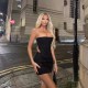 Women Fashion Denim Ripped Sequin Tube Top And Skirt Set