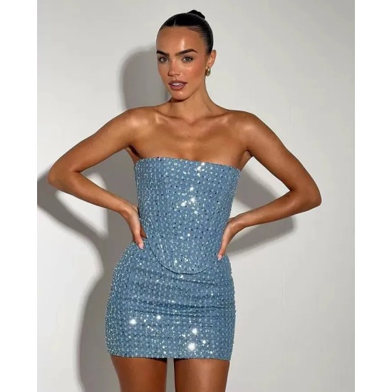Women Fashion Denim Ripped Sequin Tube Top And Skirt Set