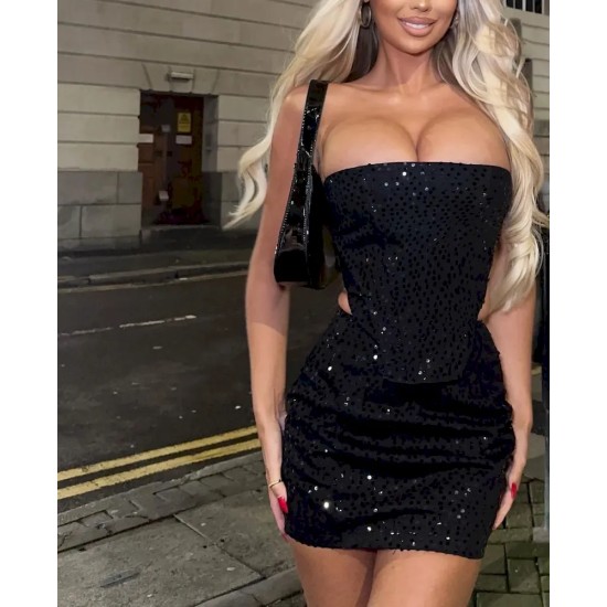 Women Fashion Denim Ripped Sequin Tube Top And Skirt Set