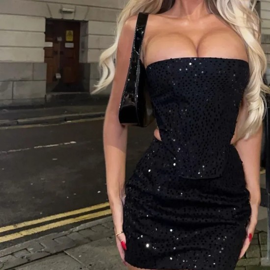 Women Fashion Denim Ripped Sequin Tube Top And Skirt Set