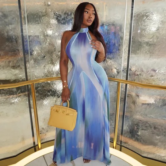 Elegant Women Printed Gradient Halter Neck Slim Fit Maxi Dress