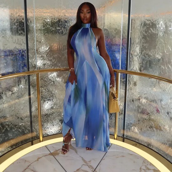 Elegant Women Printed Gradient Halter Neck Slim Fit Maxi Dress