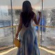 Elegant Women Printed Gradient Halter Neck Slim Fit Maxi Dress