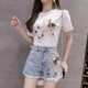 Women Fashion Three-Dimensional Floral Decorative Round Neck Short-Sleeved T-Shirt Denim Shorts Two-Piece Set