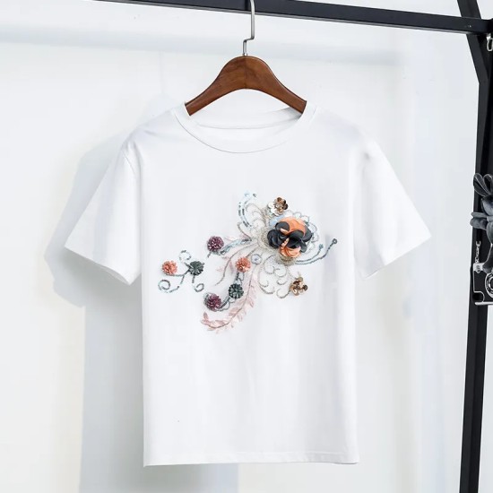 Women Fashion Three-Dimensional Floral Decorative Round Neck Short-Sleeved T-Shirt Denim Shorts Two-Piece Set