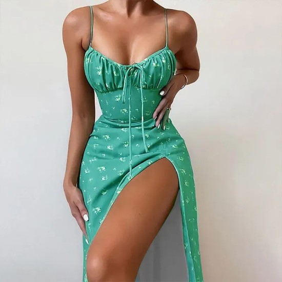 Summer Women Fashion Sexy Small Tiny Flower Print Sling Split Dress