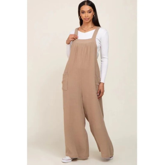 Fashion Beige Wide Leg Lace-Up Maternity Jumpsuits