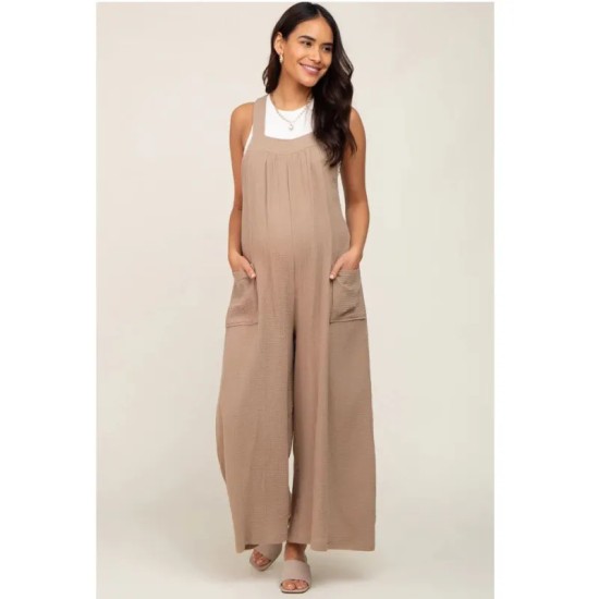Fashion Beige Wide Leg Lace-Up Maternity Jumpsuits