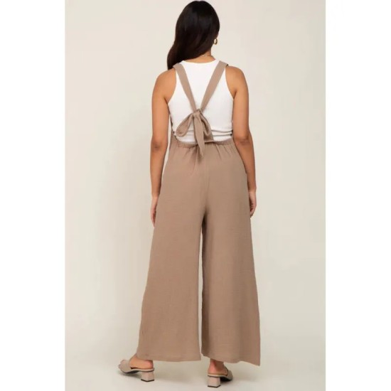 Fashion Beige Wide Leg Lace-Up Maternity Jumpsuits