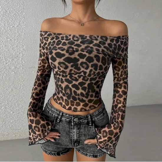 Women Sexy Leopard Print Off-Shoulder Long Sleeve Crop Top