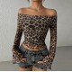 Women Sexy Leopard Print Off-Shoulder Long Sleeve Crop Top