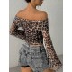 Women Sexy Leopard Print Off-Shoulder Long Sleeve Crop Top