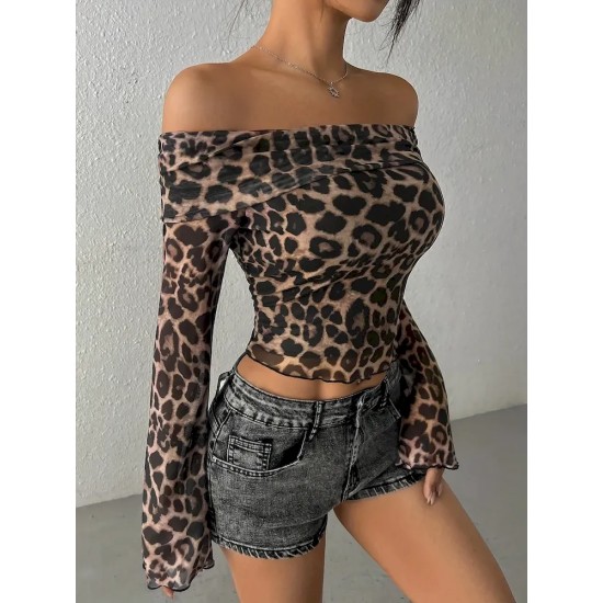 Women Sexy Leopard Print Off-Shoulder Long Sleeve Crop Top