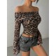 Women Sexy Leopard Print Off-Shoulder Long Sleeve Crop Top