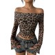 Women Sexy Leopard Print Off-Shoulder Long Sleeve Crop Top