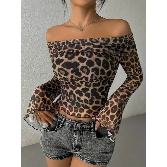 Women Sexy Leopard Print Off-Shoulder Long Sleeve Crop Top