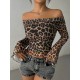 Women Sexy Leopard Print Off-Shoulder Long Sleeve Crop Top