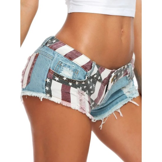 Summer Women Fashion American Independence Day Flag Print Low Waist Rip Denim Shorts