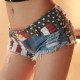 Summer Women Fashion American Independence Day Flag Print Low Waist Rip Denim Shorts