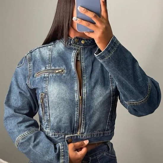 Women Fashion Casual Denim Zipper Top Shorts Two-Piece Set