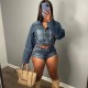 Women Fashion Casual Denim Zipper Top Shorts Two-Piece Set