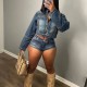 Women Fashion Casual Denim Zipper Top Shorts Two-Piece Set