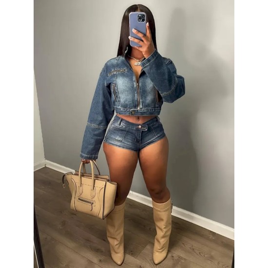 Women Fashion Casual Denim Zipper Top Shorts Two-Piece Set