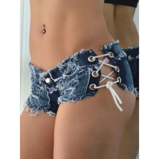 Women Sexy Lace-Up Low-Rise Denim Shorts