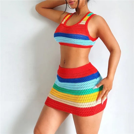 Women Fashion Sexy Knitted Crop Top Skirt Two-Piece Set