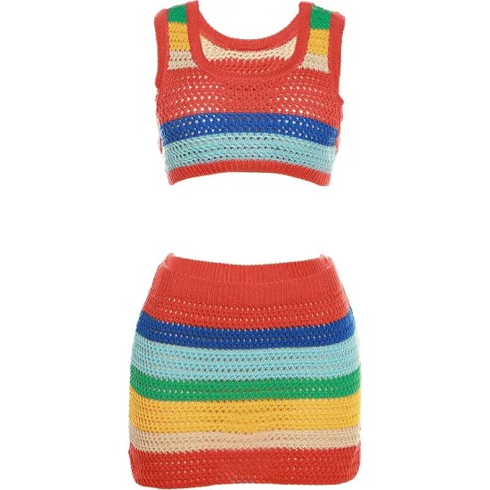 Women Fashion Sexy Knitted Crop Top Skirt Two-Piece Set