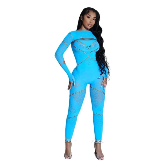Women Sexy Solid Color Crewneck Long-Sleeved Hollow-Out Jumpsuits