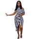 Women Elegant Stripe Color Bloking Short Sleeves Oblique Shoulder Irregular Hem Bandage Dress