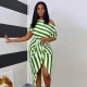 Women Elegant Stripe Color Bloking Short Sleeves Oblique Shoulder Irregular Hem Bandage Dress