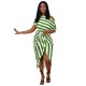 Women Elegant Stripe Color Bloking Short Sleeves Oblique Shoulder Irregular Hem Bandage Dress