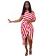 Women Elegant Stripe Color Bloking Short Sleeves Oblique Shoulder Irregular Hem Bandage Dress