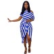Women Elegant Stripe Color Bloking Short Sleeves Oblique Shoulder Irregular Hem Bandage Dress